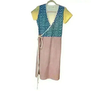 PO-EM “Ode” Natural Handwoven cotton block printed summer wrap dress XS